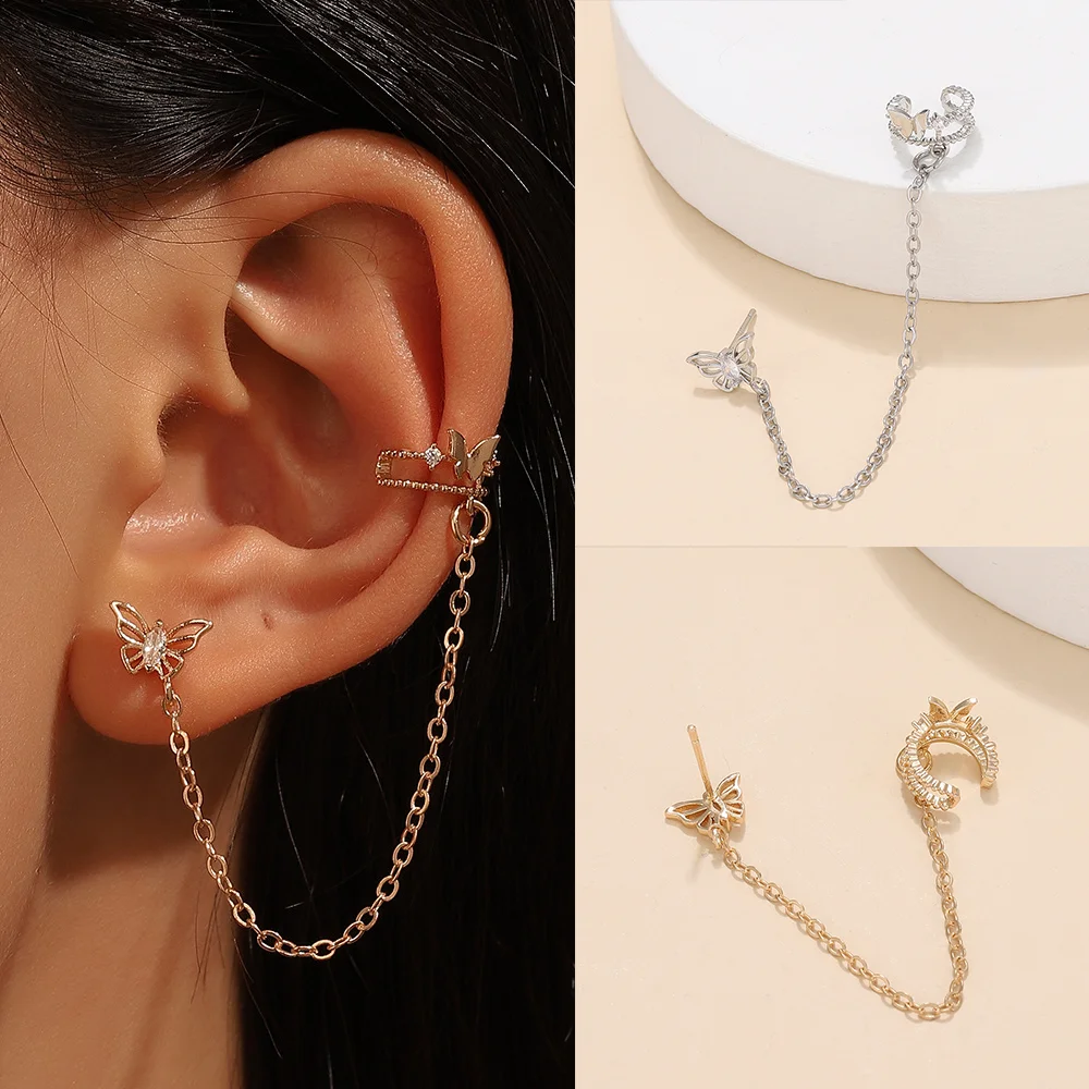

Zircon butterfly one-piece tassel chain stud ins Wind butterfly earrings