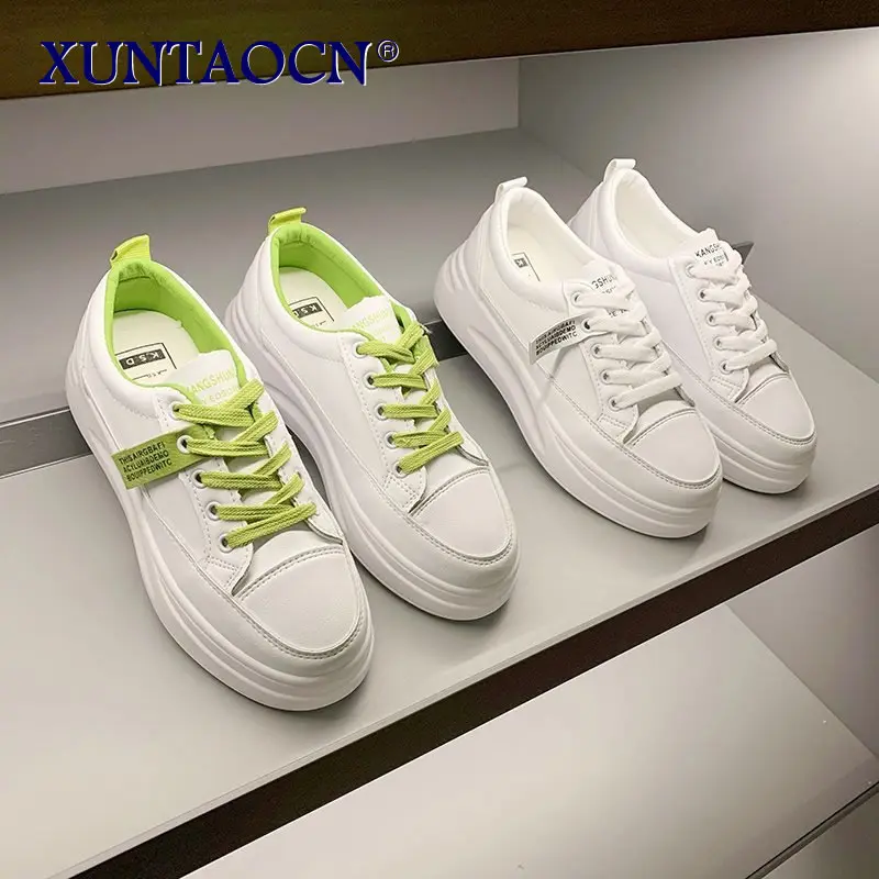 

2022 Women Platform Sneakers Female Soft Leather Walking Chunky Sneakers Loafers for Women White Casual Flat Vacation Shoes