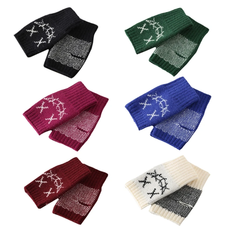 

Перчатки без пальцев длиной до запястья, митенки с дырками для большого пальца, вязаные зимние варежки с мультяшным рисунком