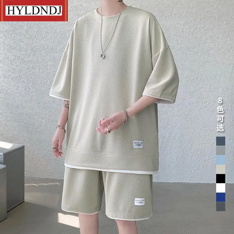 Men's Sets Simple Short Summer Waffle Casual Set Clothing Loose O-Neck T Shirts and Shorts Home Streetwear Colors Plus Size 4Xl