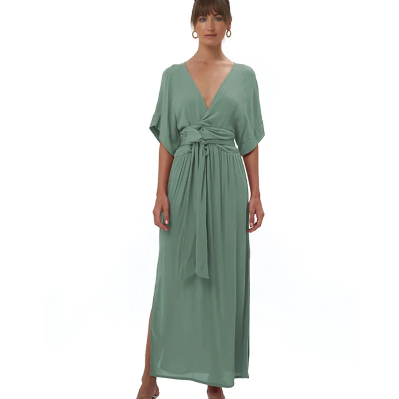 

2023 Women Summer Dress Knot Long Dress Boho Beach Holiday Dress V Neck Split Dress Female Vestidos New Dress