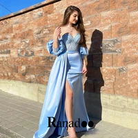 sky blue satin sweetheart off the shoulder evening dresses detachable train gown party dress robe de ball stretch made to order