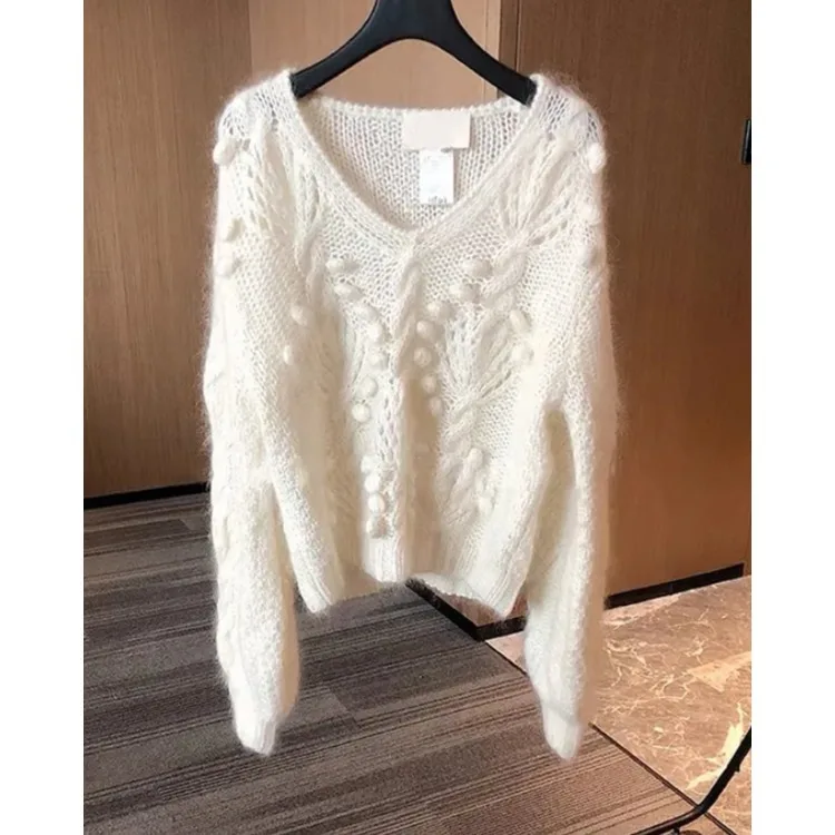 

2023 Autumn new women's thick jumper Seahorse hair sexy v-neck long sleeve pullover High quality casual Female White knitwear