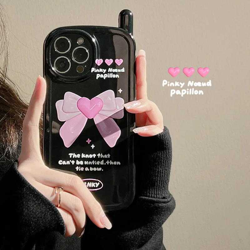 

ECHOME iPhone 14 Pro Case Retro Pink Bow English Black Phone Case for Girls Cute Cool Cartoon Soft Silicone Phone Back Cover