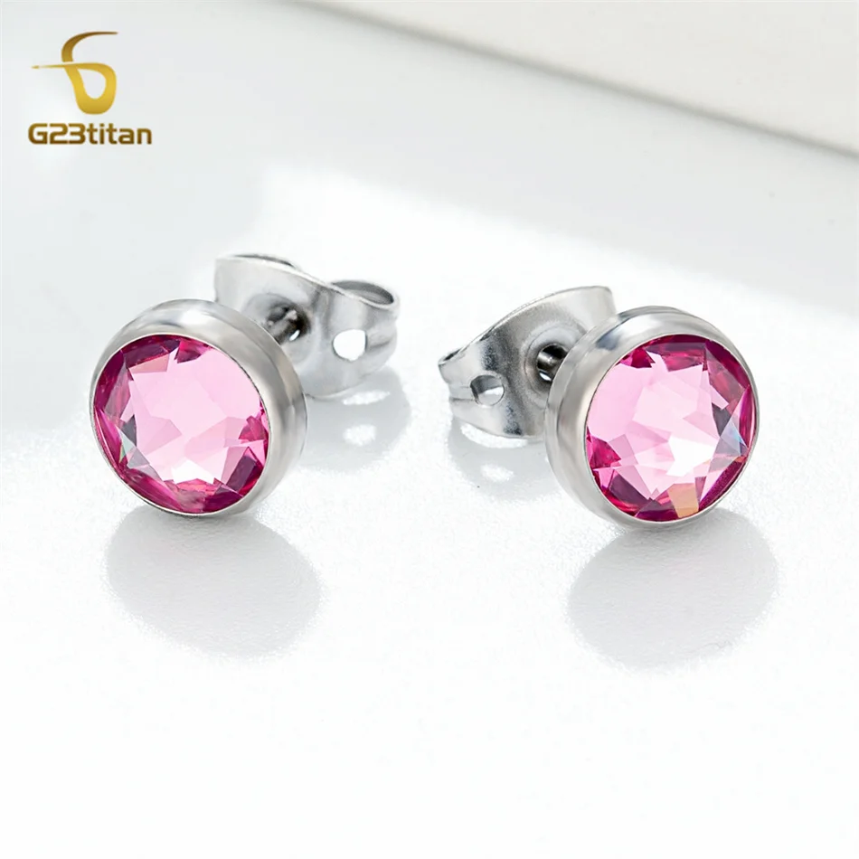 Розовый круглый циркон ушные гвозди женские серьги модные украшения титановые