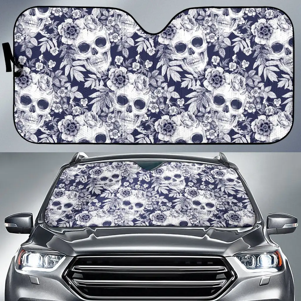 

White Blue Skull Floral Pattern Print Car Sun Shade