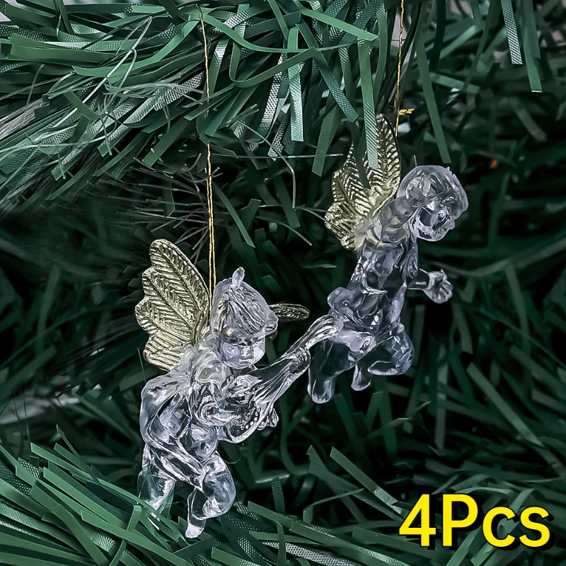 

4pcs Transparent Angel Christmas Ornament Golden Wings Angel Hanging Pendant Ornament for Christmas Tree New Yaer Party Decors