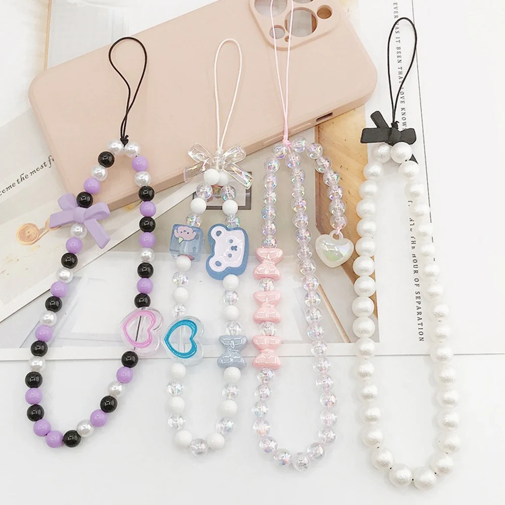 

Новинка, цепочка для телефона из акрилового бисера, искусственный жемчуг с бантом, Цветочная цепочка для женщин и девушек, ремешок для телефона, аксессуары для сумок