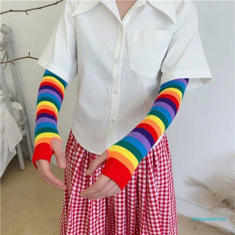 

Rainbow Arm Sleeves Warmer Cute Long Women Fingerless Gloves Colorful Striped Sun Protection Mittens with Thumb Drop Shipping
