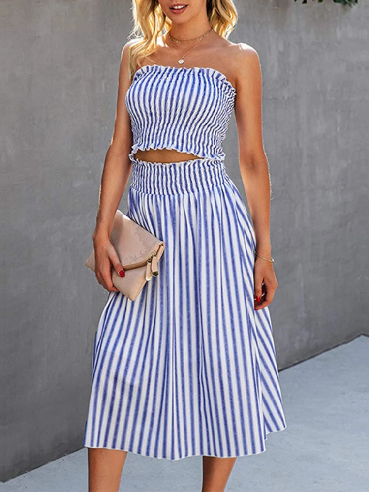 

Striped High Waist Chest Wrap Skirt Set Sleeveless Two Piece Set Tank Top A-line Skirt Summer Casual 2022 Y2k Set Holiday Outfit