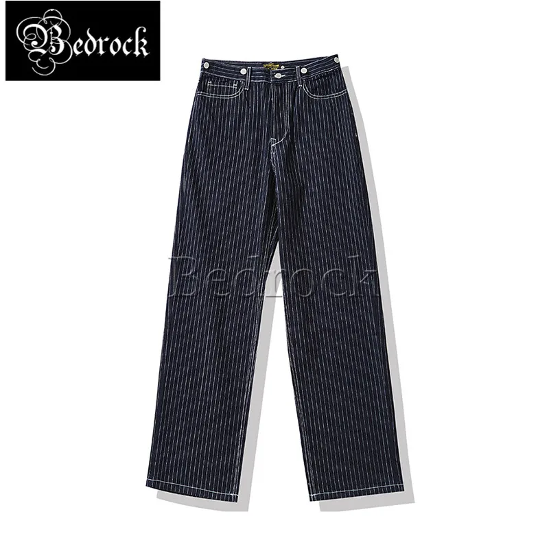 15oz denim straight loose wide-leg primary color jeans railway blue striped overalls suspenders men Amekaji motorcycle overalls