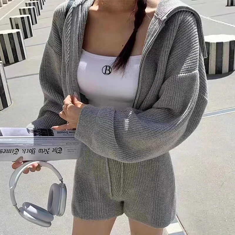 

Clothland Women Elegant Slim Knitting Jacket Shorts Suit Long Sleeve Short Style Coat Crop Top Mini Shorts Two Piece Set TA259