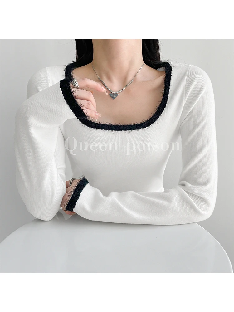 

Женская облегающая футболка составного кроя, простая Базовая Мягкая футболка с U-образным вырезом, Осень-зима 2022, Женская винтажная шикарная футболка с длинным рукавом Y2K