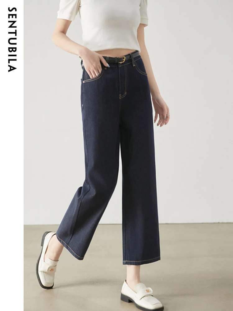Sentubila High Waist Blue Jeans for Women 2023 Spring Summer Fashion Solid Straight Leg 100%  Cotton Pants Streetwear Trousers