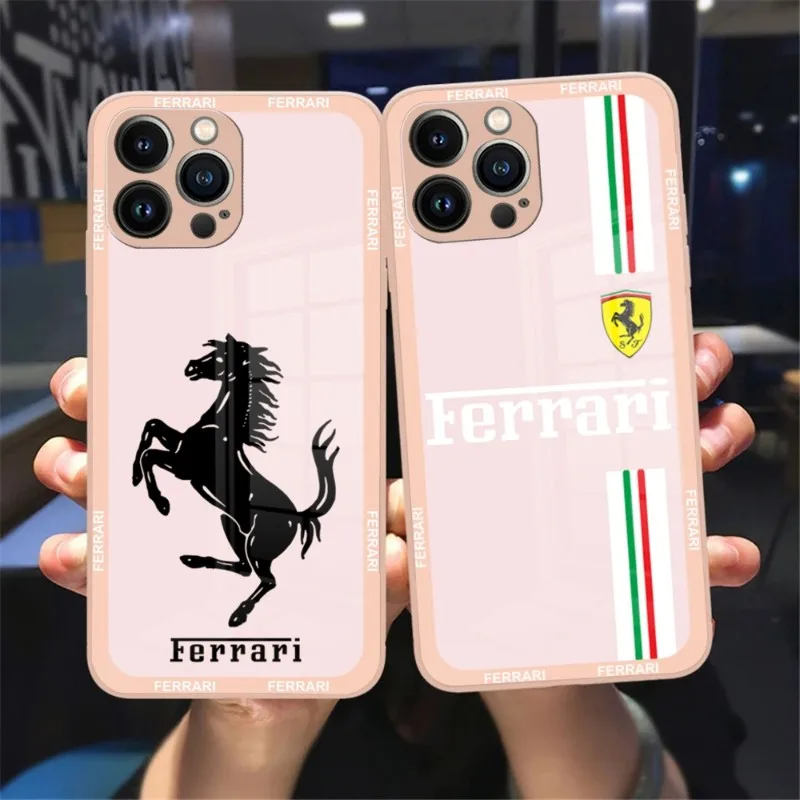 

Роскошный автомобильный чехол Ferrari, чехол розового и зеленого цвета со стеклом для IPhone 13 14 12 11 Pro XS Max Plus Mini X XR 8 7 6s SE2020