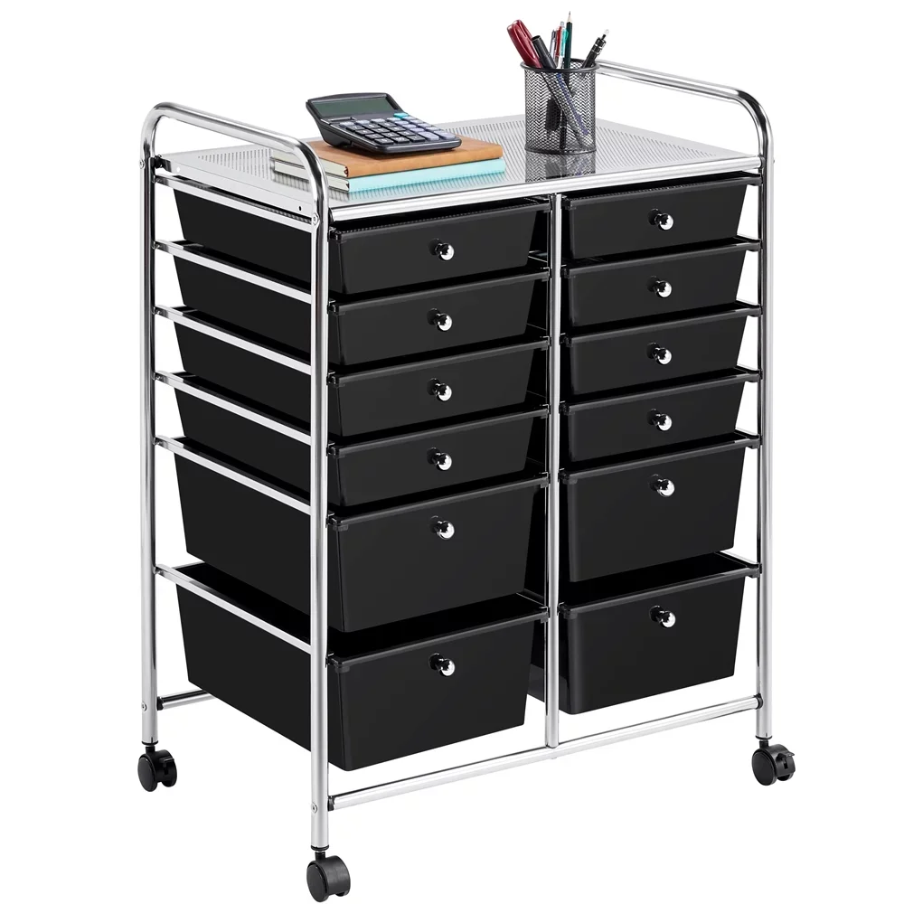 12 Drawer Rolling Storage Cart Organizer with Lockable Wheels, Black Drawer Divider Drawer Cabinet Storage 1