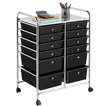12 Drawer Rolling Storage Cart Organizer with Lockable Wheels, Black Drawer Divider Drawer Cabinet Storage 1