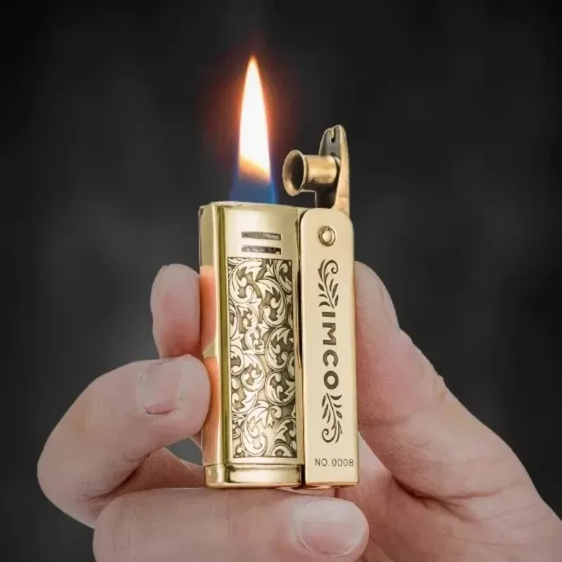 Фото Оригинальная зажигалка IMCO Retro Deep Carving Brass, ветрозащитная, с креативным дизайном, винтажная, с шлифованным колесом, для мужчин, коллекционные подарки №3