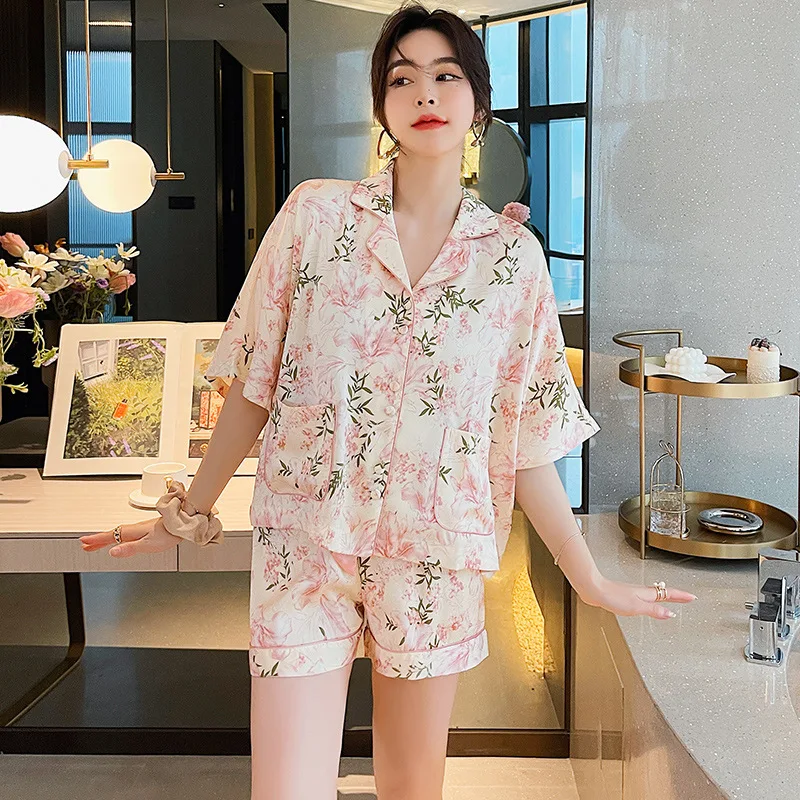 Summer Outfits Silk Pajamas Short Sleeve Short Sets For Women Loungewear Pink Flower Sleeping Clothes Women