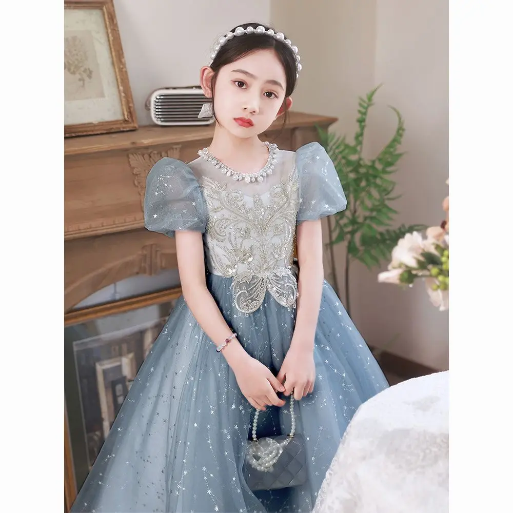 

Girls Princess Dress Short Puff Sleeve Flower Embroidery Dress Performance Dress Wedding Flower Girls for Evening Birthday K83