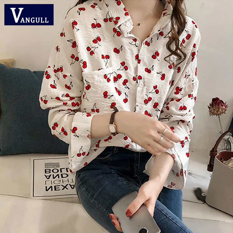 

Vangull Sweet Cherry Print Shirt Women Spring New Long Sleeve Loose White Blouse Female Single Breasted Thin Ladies Shirts Tops