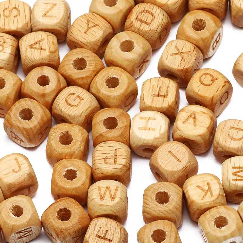 

10/12mm Natural Beech Wooden Letter Beads Alphabet Square Cube Loose Spacer Wood Beads For DIY Jewelry Making Necklace Bracelet