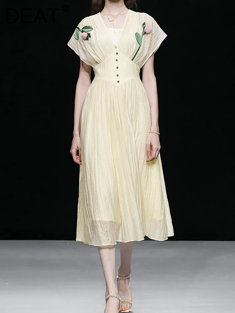 DEAT Women's Fashion Dress V-neck Sleeveless Patchwork 3D Flower Single Breasted Waist Elegant Dresses Summer 2023 New 13DB3020