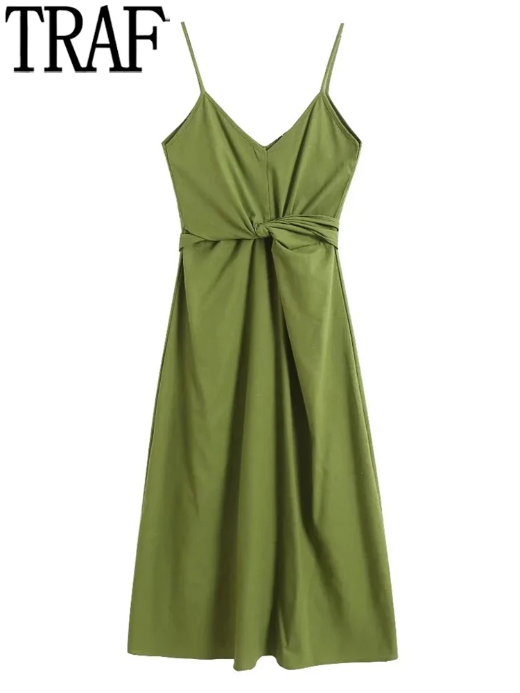 

Траф 2022 Зеленое Длинное Платье с узлом, женское платье-миди с открытой спиной, сексуальные женские летние платья, пляжные платья с открытыми...