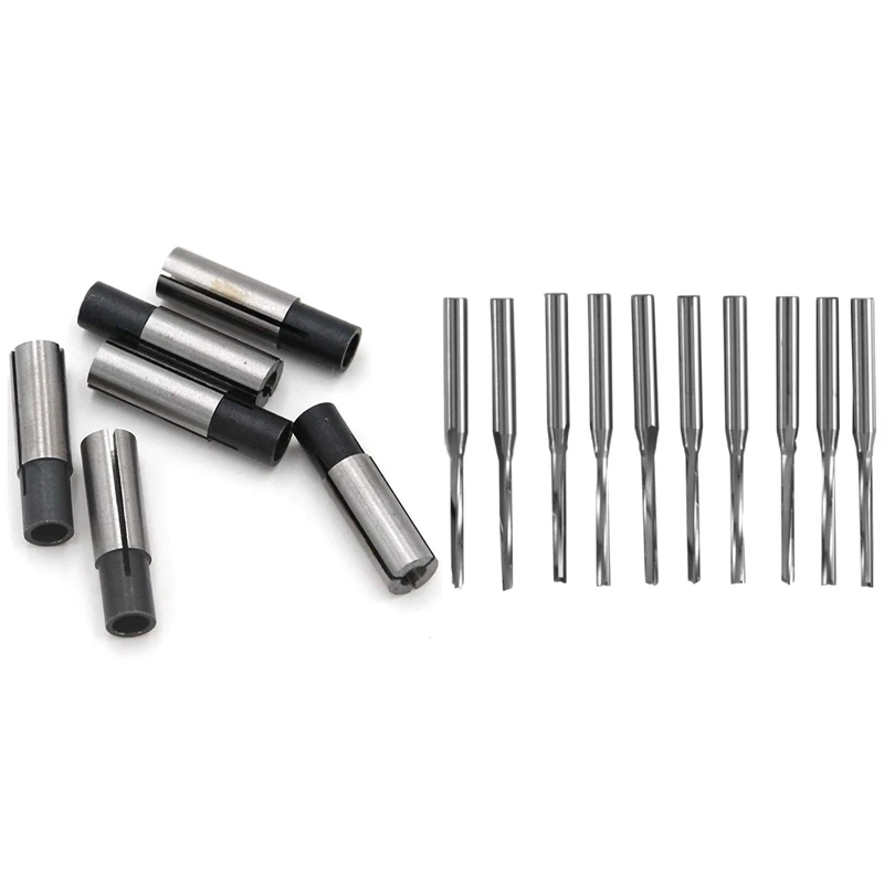 

6Pcs 1/4 Inch To 1/8 Inch Cnc Engraving Bit Router Adapter & 10 Pcs Two Flutes Straight End Mills Straight Slot Bit