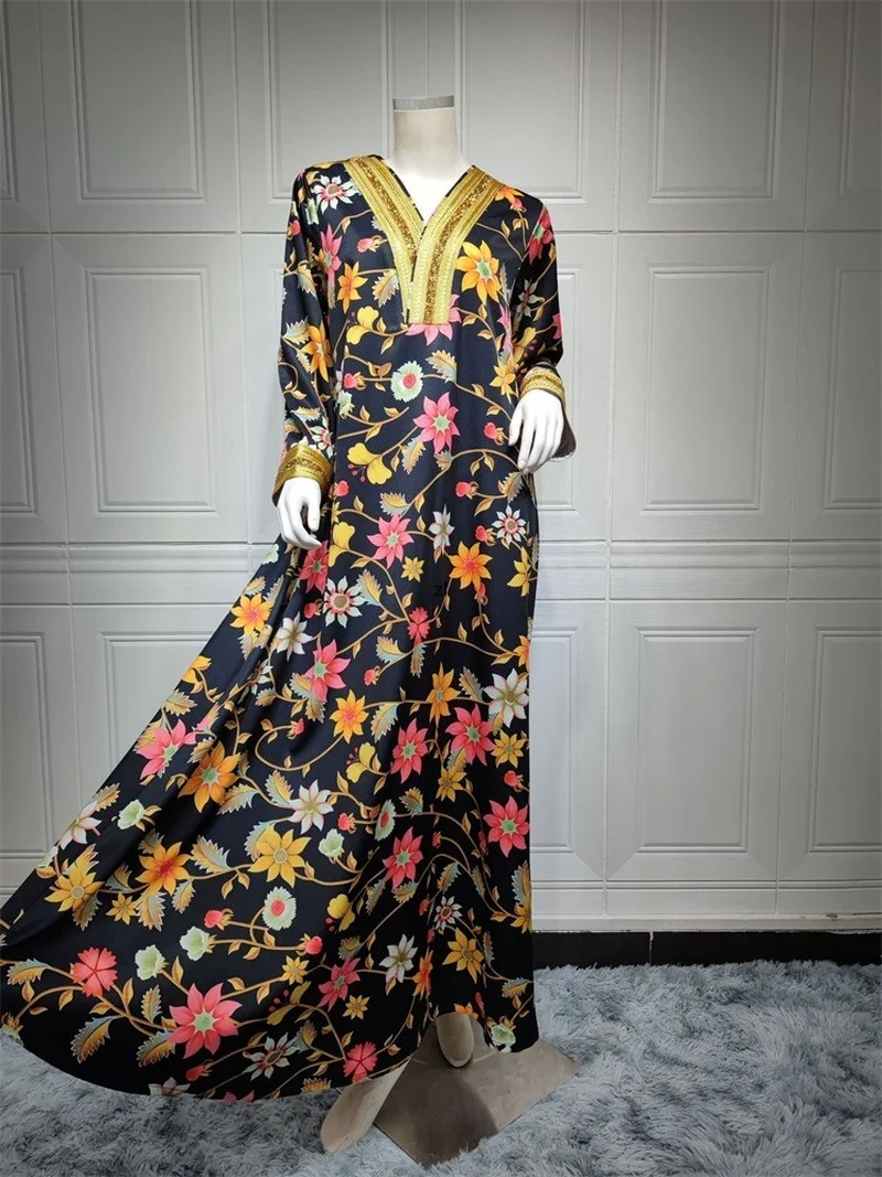 Ramadan Eid Maxi Dress for Women White Elegant Ethnic Floral Diamond Band Abaya Fashion Muslim Dubai Turkey Oman Arabic Clothes