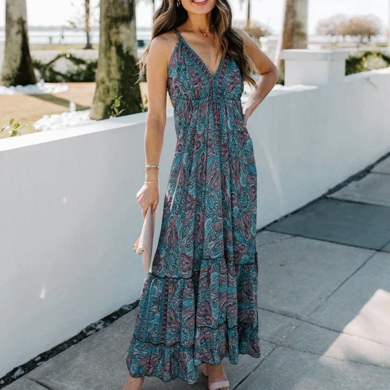 Women Print Backless Maxi Dress Sleeveless V Neck Long Sexy Bohemian Dress Spaghetti Strap Vintage Beach Dresses