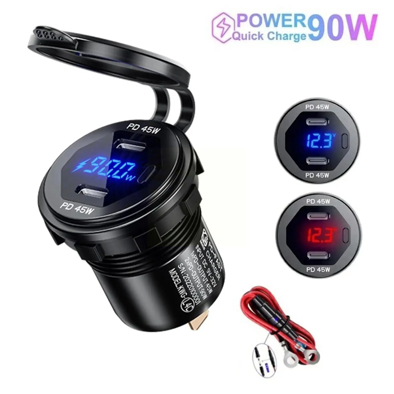 

90w Usb Ctype C Pd + 18w Qc3.0 Usb Fast Car Charger With Voltage/power Display For Suv Motorcycle Truck Boat Atv M2z9