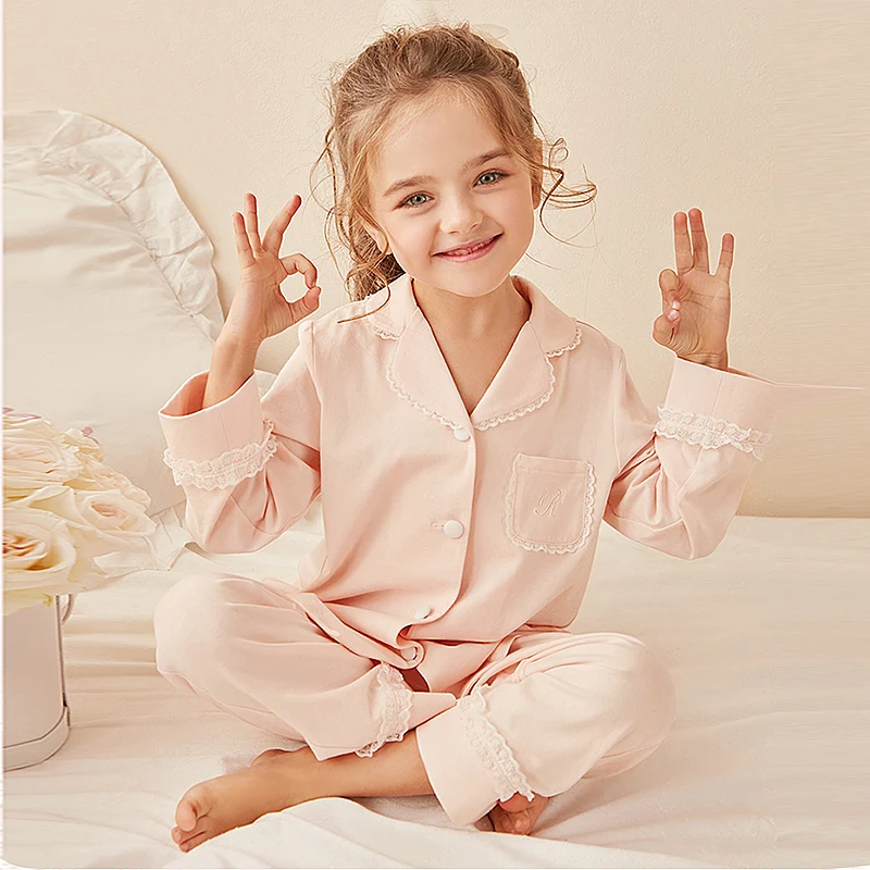

Children Girls Lolita Turndown Collar Pajama Sets Long Sleeve Tops+pants Toddler Kids Lace Pyjamas Set Girl Sleepwear Loungewear