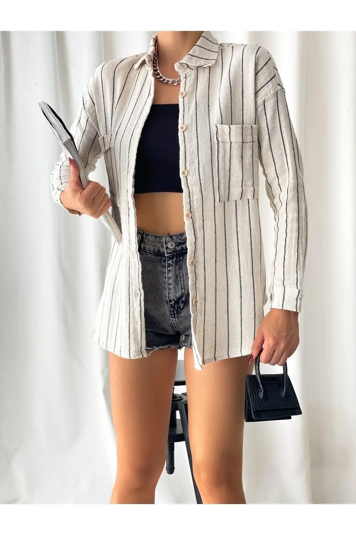 

Женская рубашка в полоску, стильная рубашка из льна в черную полоску, с двумя карманами, на пуговицах спереди, новинка сезона 2022