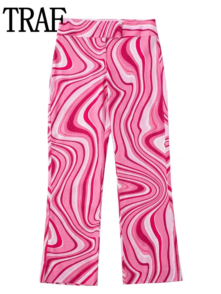 

TRAF Women Pants High Waist Pink Pants Woman Summer Casual Printed Women's Cropped Trousers Woman Boho Y2K Flare Pants Female
