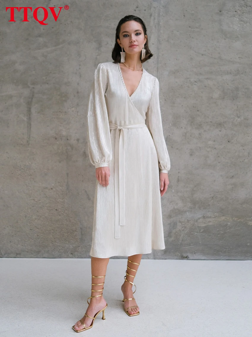 

TTQV Elegant Beige Lace-up Women's Dress 2023 Fashion V-neck Long Sleeve Dresses Casual Solid Midi Dresses Female Clothing