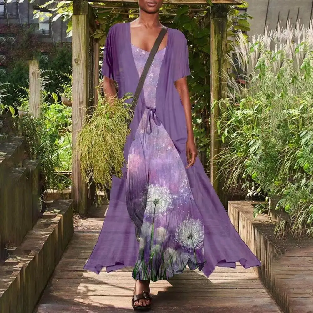 

2 шт./компл. женское свободное платье с глубоким вырезом и большим подолом, кардиган, костюм с цветочным принтом, Женское Платье макси с корот...