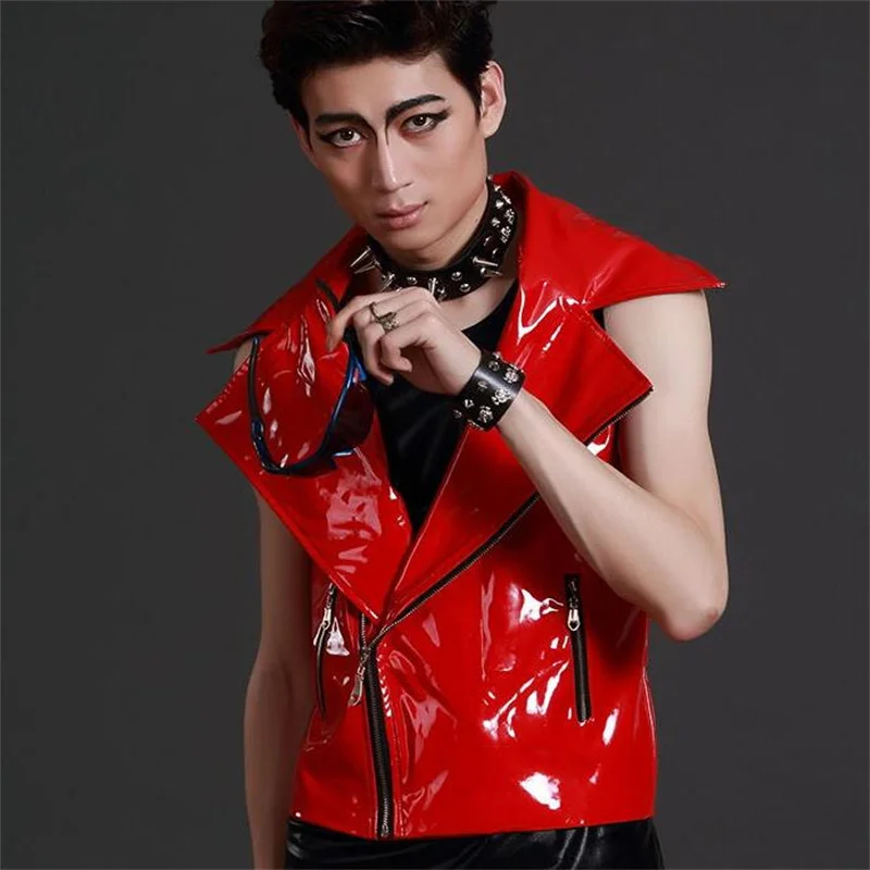 Men vest leather clothing personality slim male sleeveless iagonal zipper vests men punk rock singer dance stage star fashion