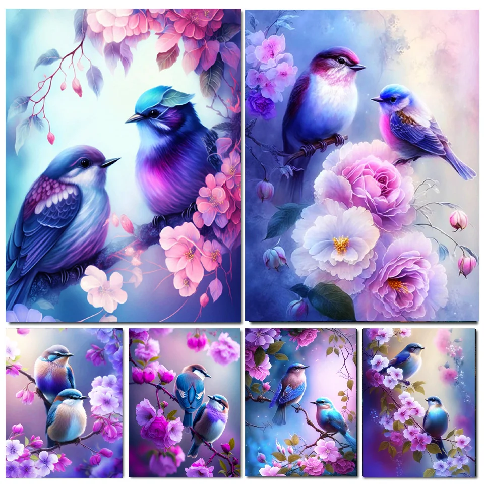 Алмазная 5d картина с розовыми фиолетовыми птицами, пионами, цветами, вышивка крестиком, полноразмерная мозаика с круглыми стразами, алмазная вышивка с животными, S1005