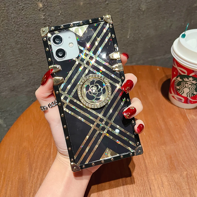 

Senior Shiny With Holder Box Phone Case For iPhone 13 Pro Max 12 Mini 11 Xs Xr 8 7 Scratchproof Acrylic Mirror Luxury Full Cover