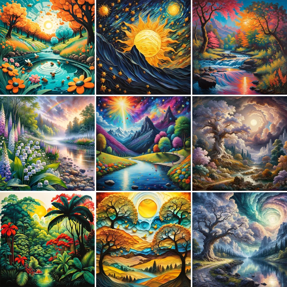 Пейзаж Закат цветы вышивка крестом шаблоны Вышивка картина рукоделие комната