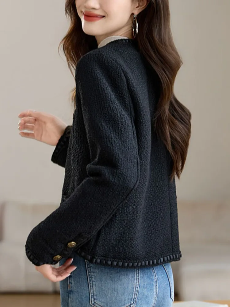 Черная повседневная изящная верхняя одежда с круглым вырезом женская