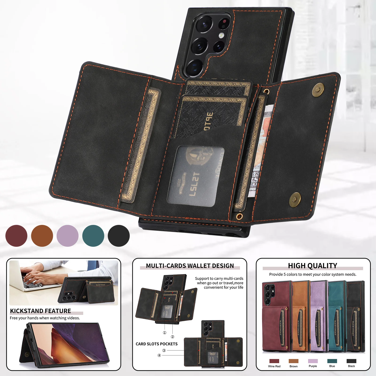 Flip Wallet Phone Case For Samsung Galaxy S23 FE S22 S21 Plus Note 20 Ultra A34 A54  A53 A33 5G Credit Card Holder Leather