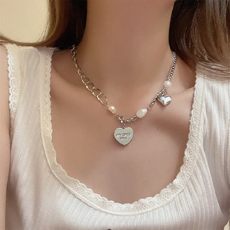 Spring And Summer Titanium Steel Pearl Love Necklace For Women's Little Style Cool Hip Hop Collar Chain Neck Accessories