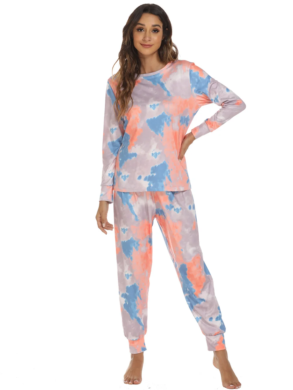 Fashion Tie Dye Pajamas Set Women Two Piece Pullover T-shirt and Pants Sleepwear Casual Loose Female Homewear Clothing Lady Suit