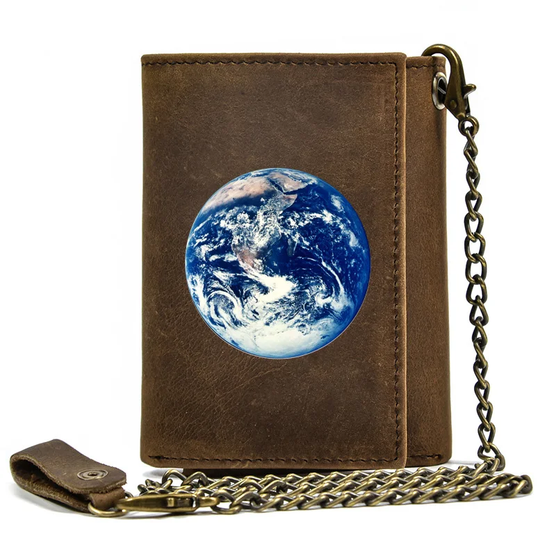 

High Quality Men Genuine Leather Wallet Anti Theft Hasp With Iron Chain Classic Beautiful Earth Cover Card Holder Short Purse
