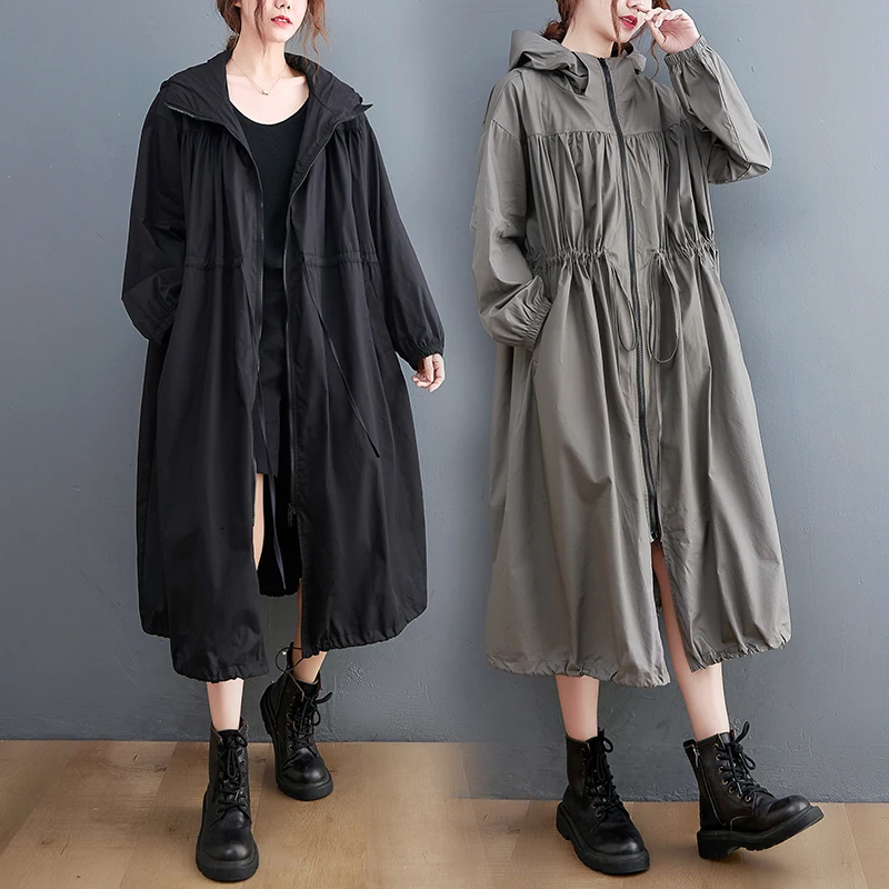 

Long Knee Length Windbreaker Women's Spring Loose Fashion Drawstring Waist Temperament Hooded Jacket Fashion
