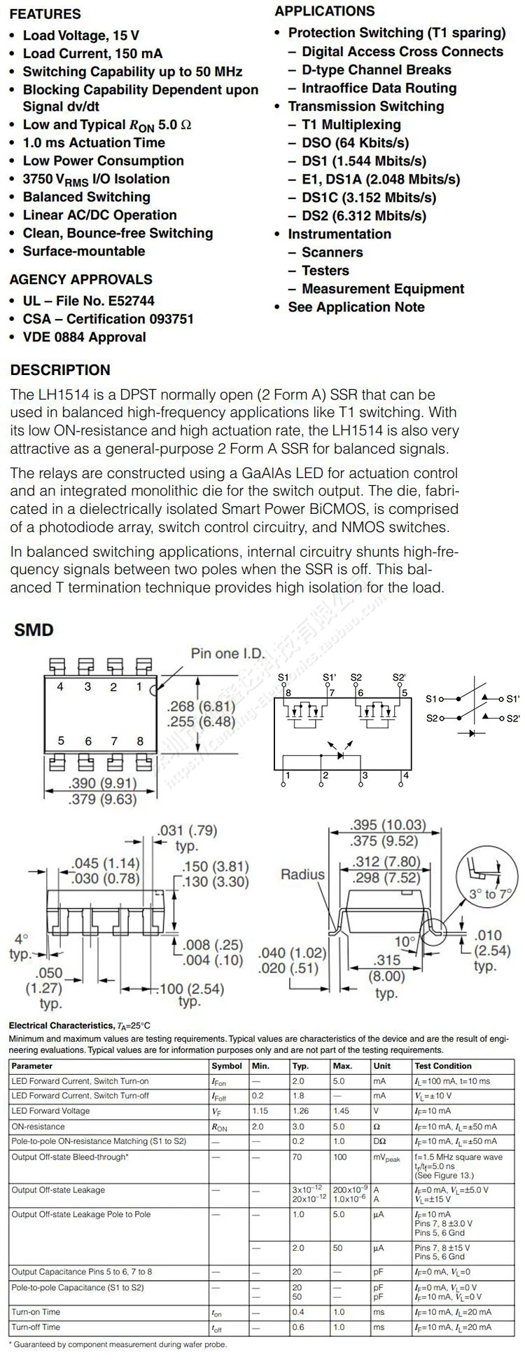 

10PCS/ imported SMD 1.2-1.5V control 15VAC 150MA SPDT normally open miniature solid state relay LH1514AAC