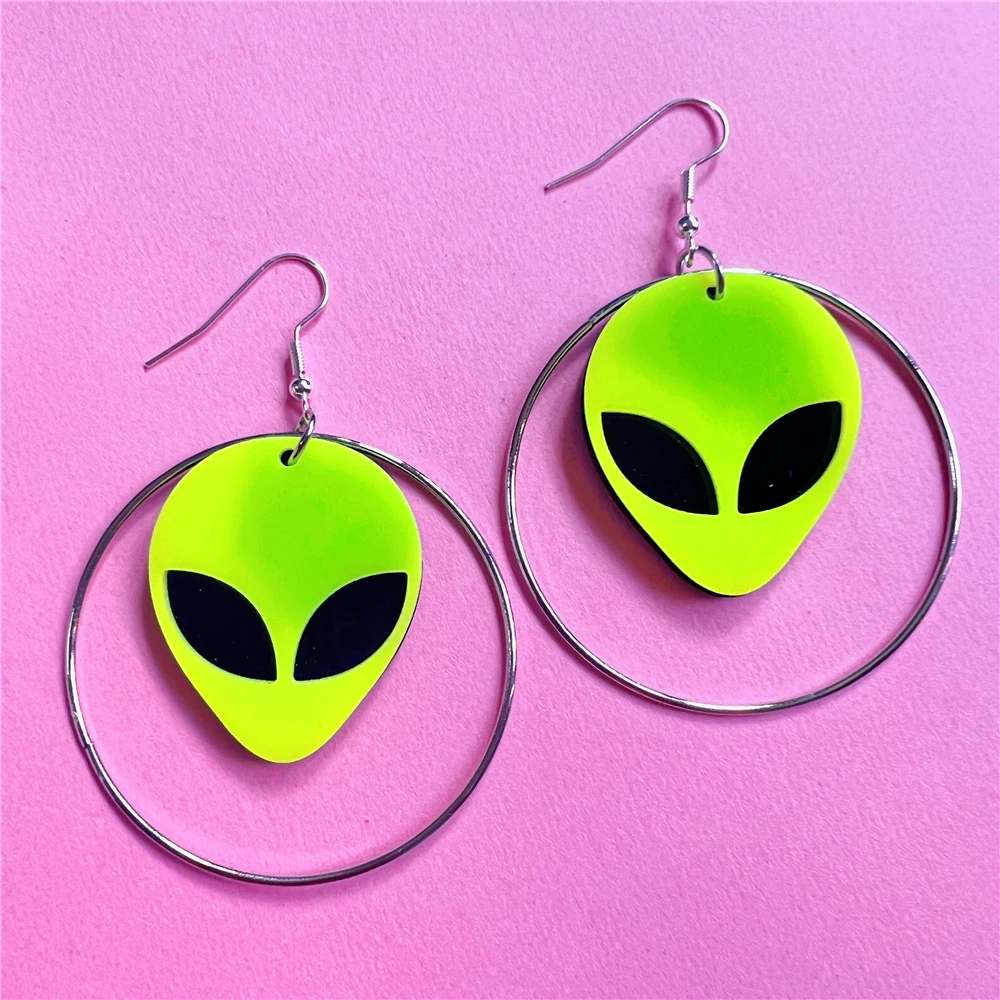 

Acrylic Bright Green Alien Earrings, Silver Color Earrings, Hoop Earrings, Green Strange Alien Drop Earrings