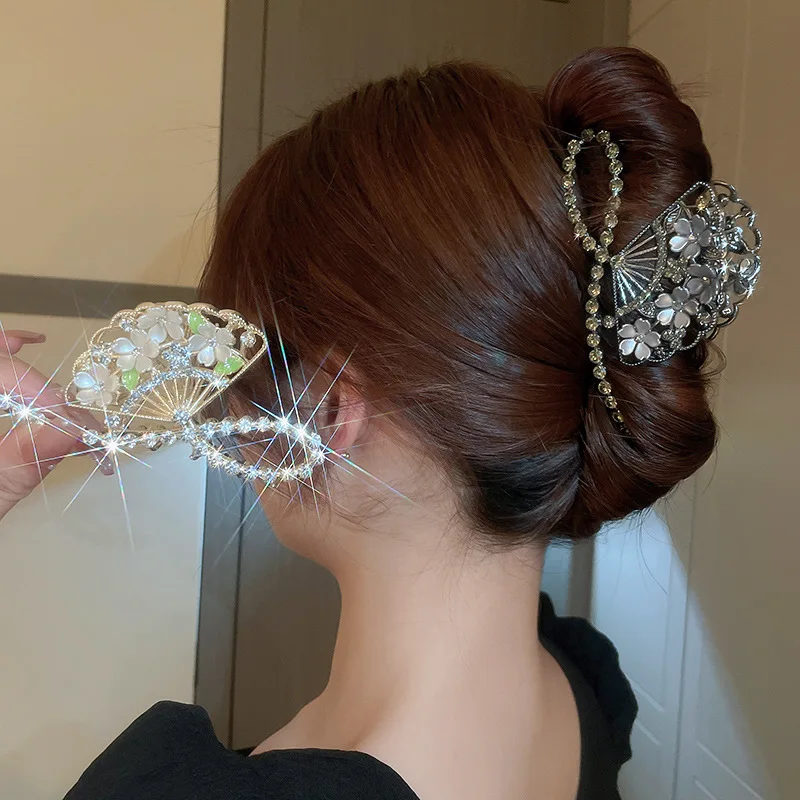 

Minar Sweet Shiny Rhinestones Simulated Pearl Flower Hair Claws for Women Crossed Hollow Sector Shark Clips Hair Accessories